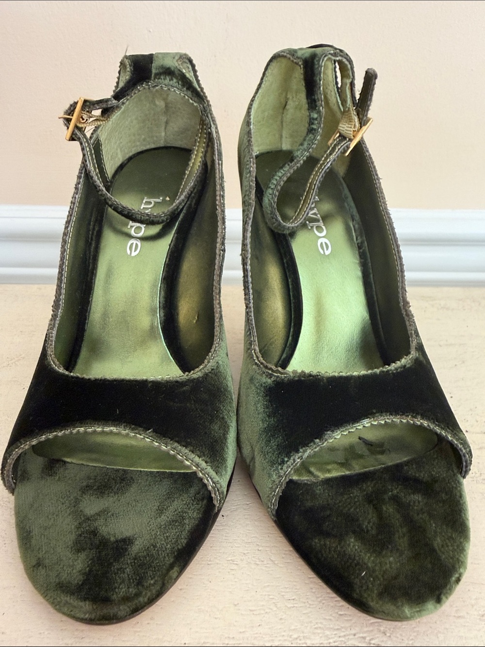 Hype Olive Green Velvet Peep Toe Wedge Sandals with Ankle Strap